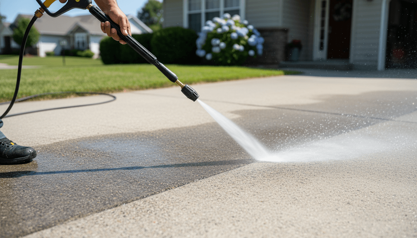 Professional pressure washing concrete driveway with visible water spray and transformation from dirty to clean surface